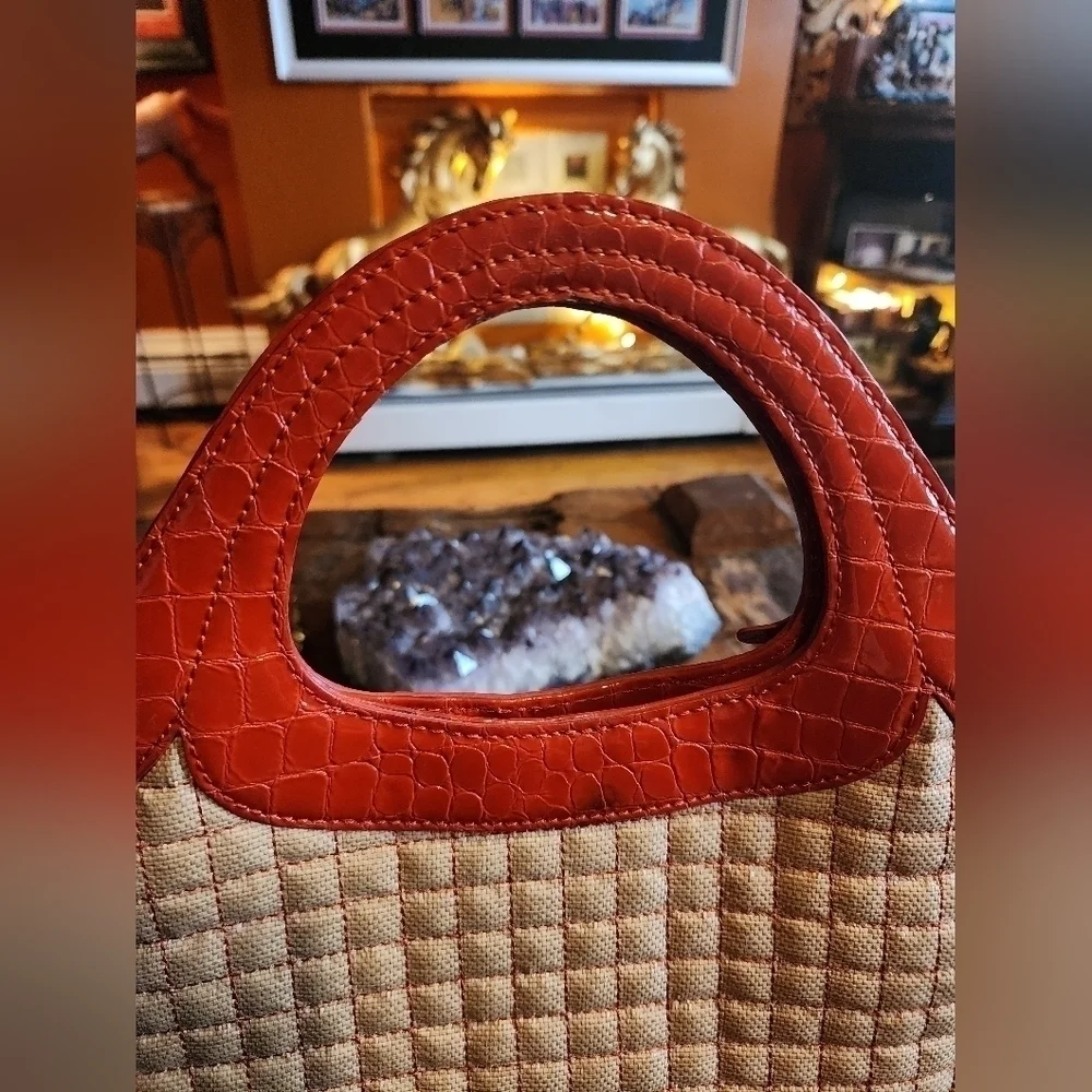 STUART WEITZMAN quilted tote with orange patent leather accents & gold hardware